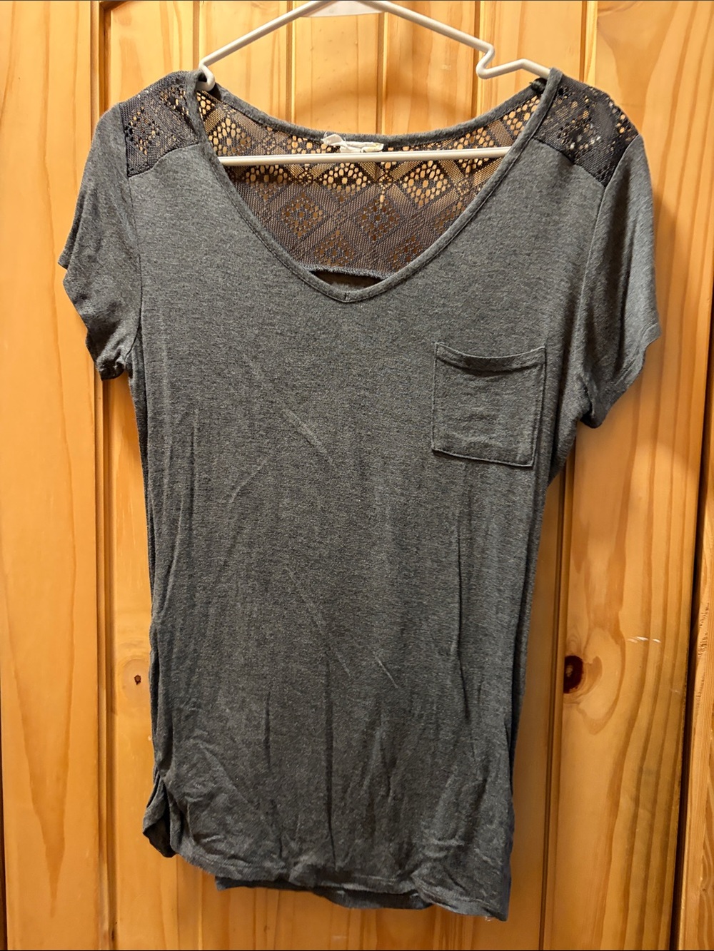 Glitz Gray Lace-Back V-Neck Pocket Tee